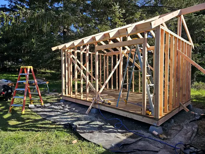 Ground-up shed framing on a Bandon lot