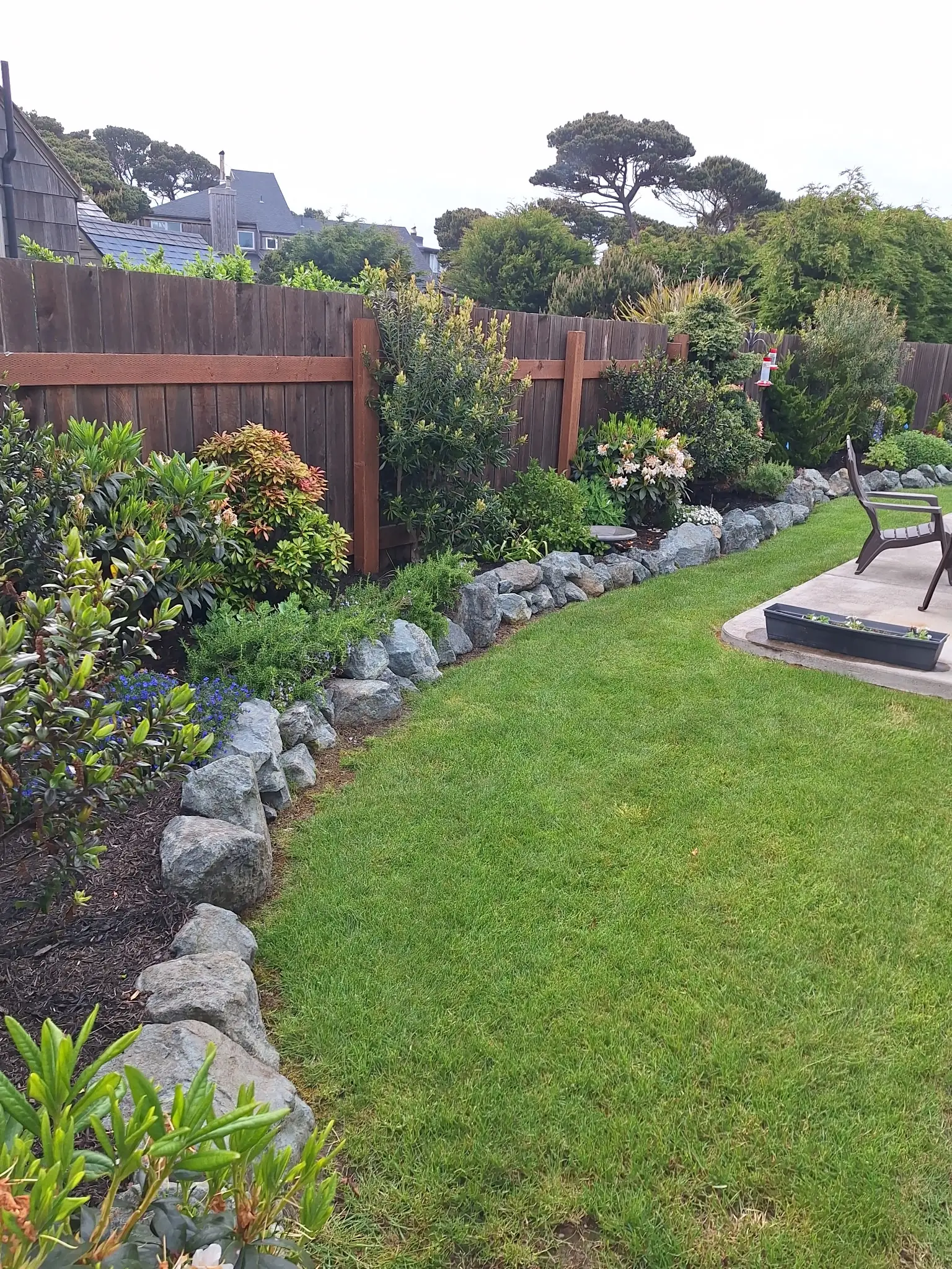 Backyard beds with natural rock borders