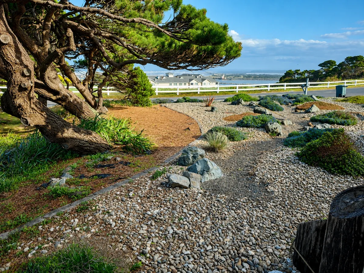 Coastal garden with mixed plantings, landscaped by SeaBreeze in Bandon