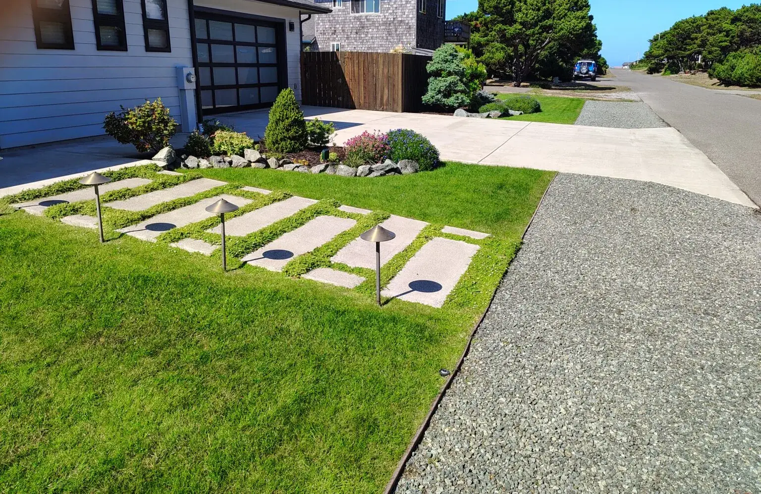 Stepping-stone path with landscape lighting